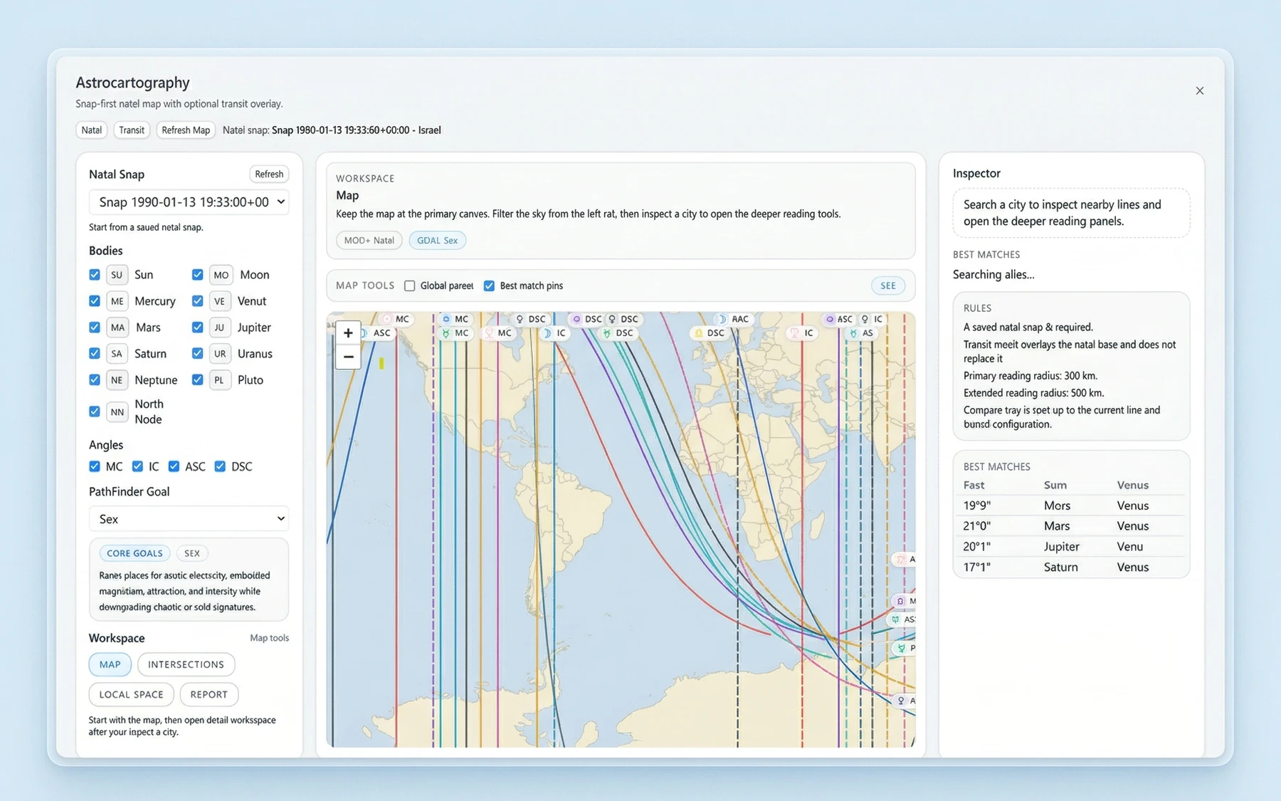 Astrocartography interface showing a world map, planetary lines, and city comparison tools