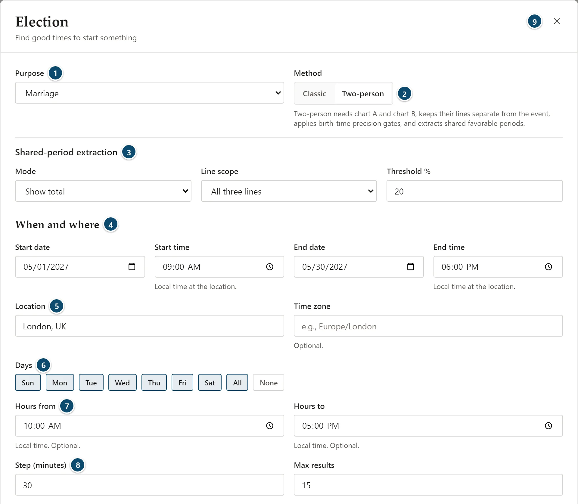 Annotated Election setup: purpose, method, shared-period extraction, dates, location, days, hours, step and maximum results