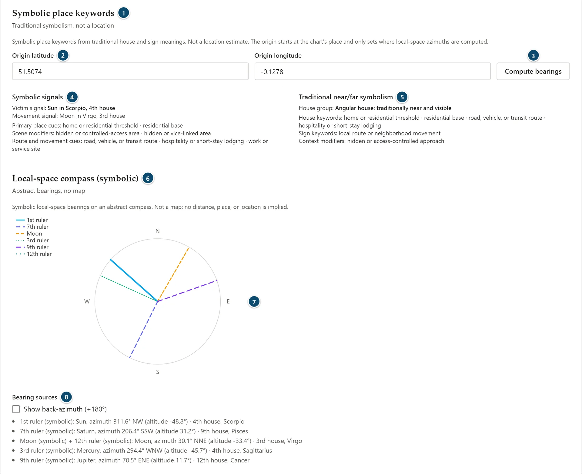 Annotated Local space tab: symbolic place keywords, origin coordinates, Compute bearings, the symbolic local-space compass and the bearing sources