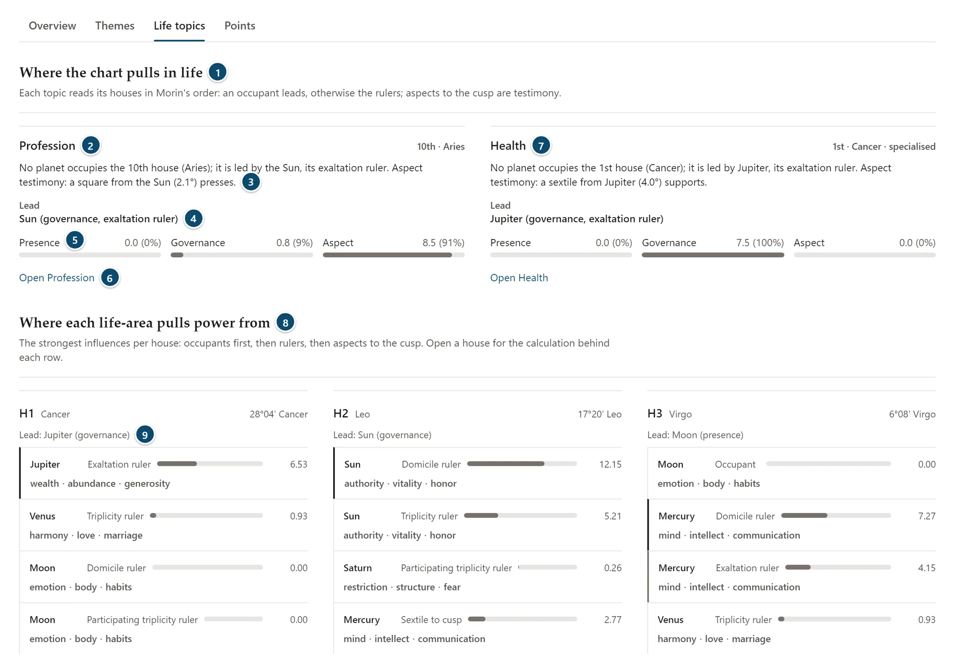 Annotated Trait profile Life topics: the profession and health topics with their lead and shares, and the strongest influences on each house