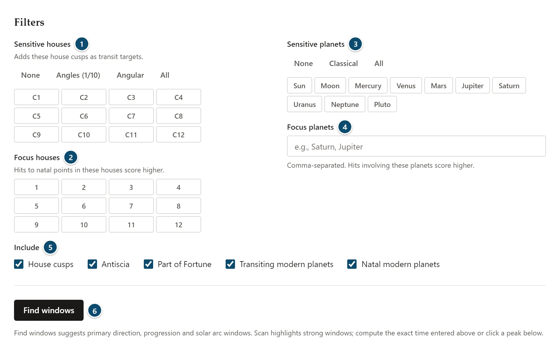 Annotated Transits filters: sensitive and focus houses, sensitive and focus planets, optional layers and Find windows