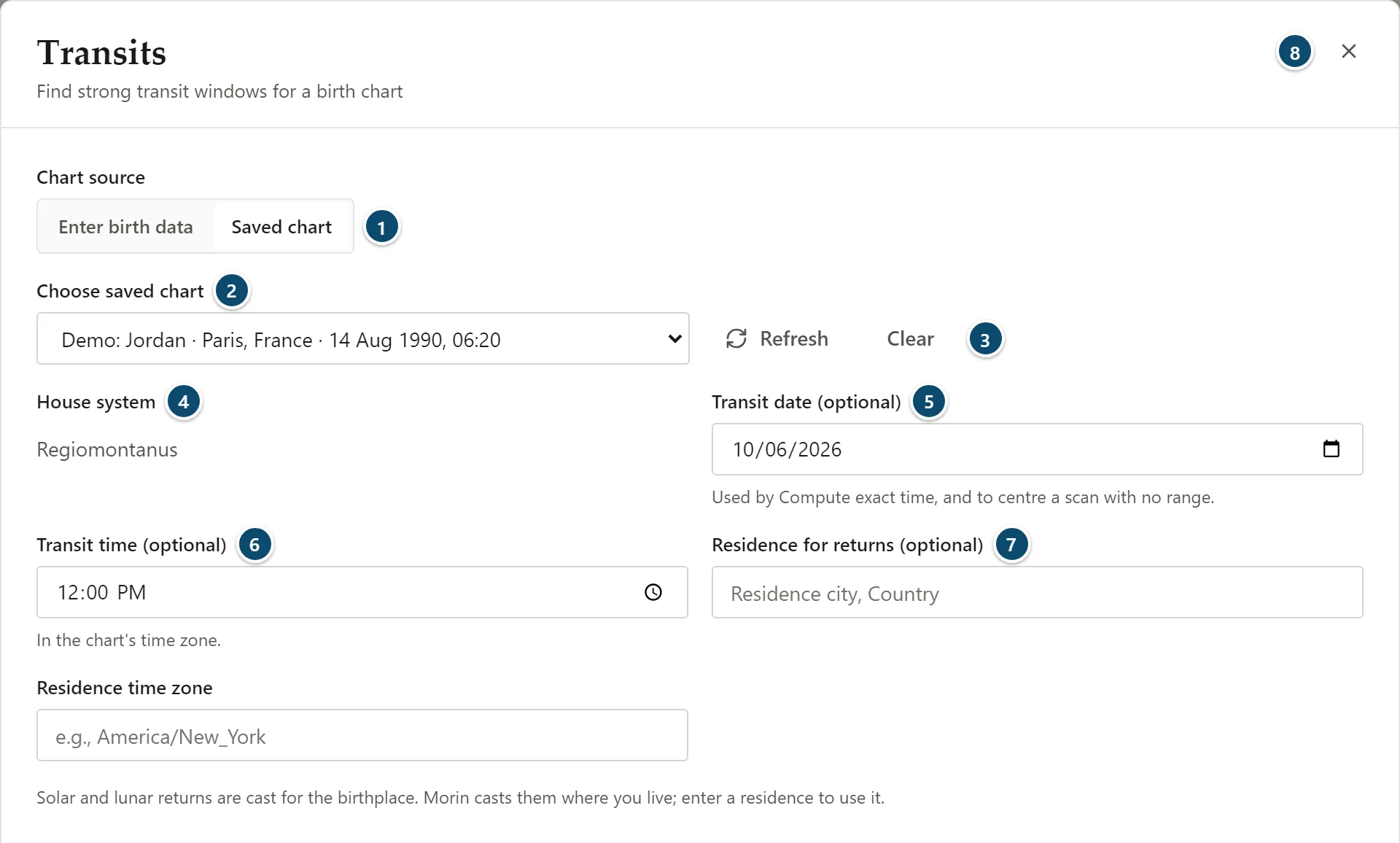 Annotated Transits setup with the chart source, saved chart picker and transit date and time
