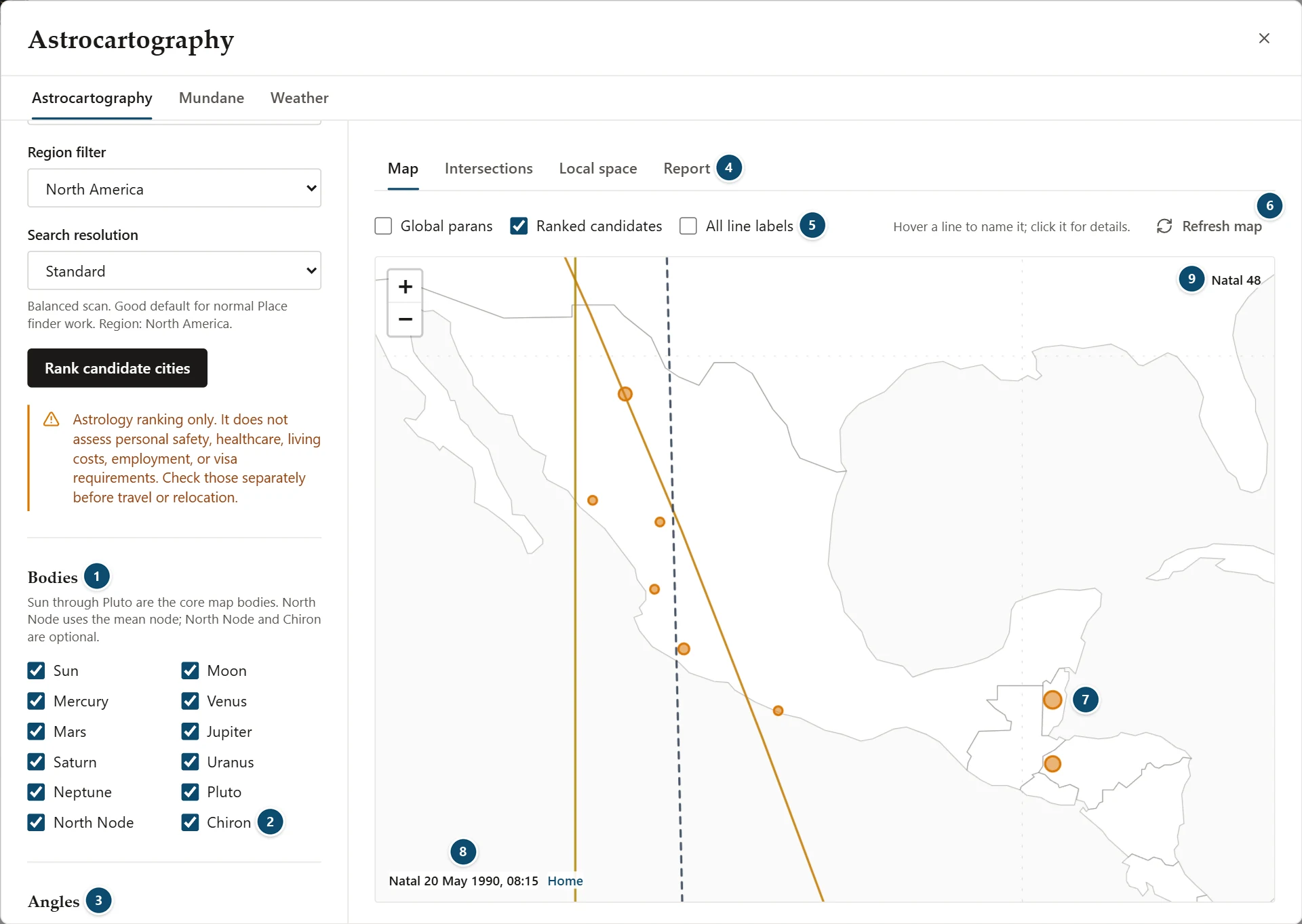 Annotated Astrocartography body and angle filters, map layers and the map with ranked candidates