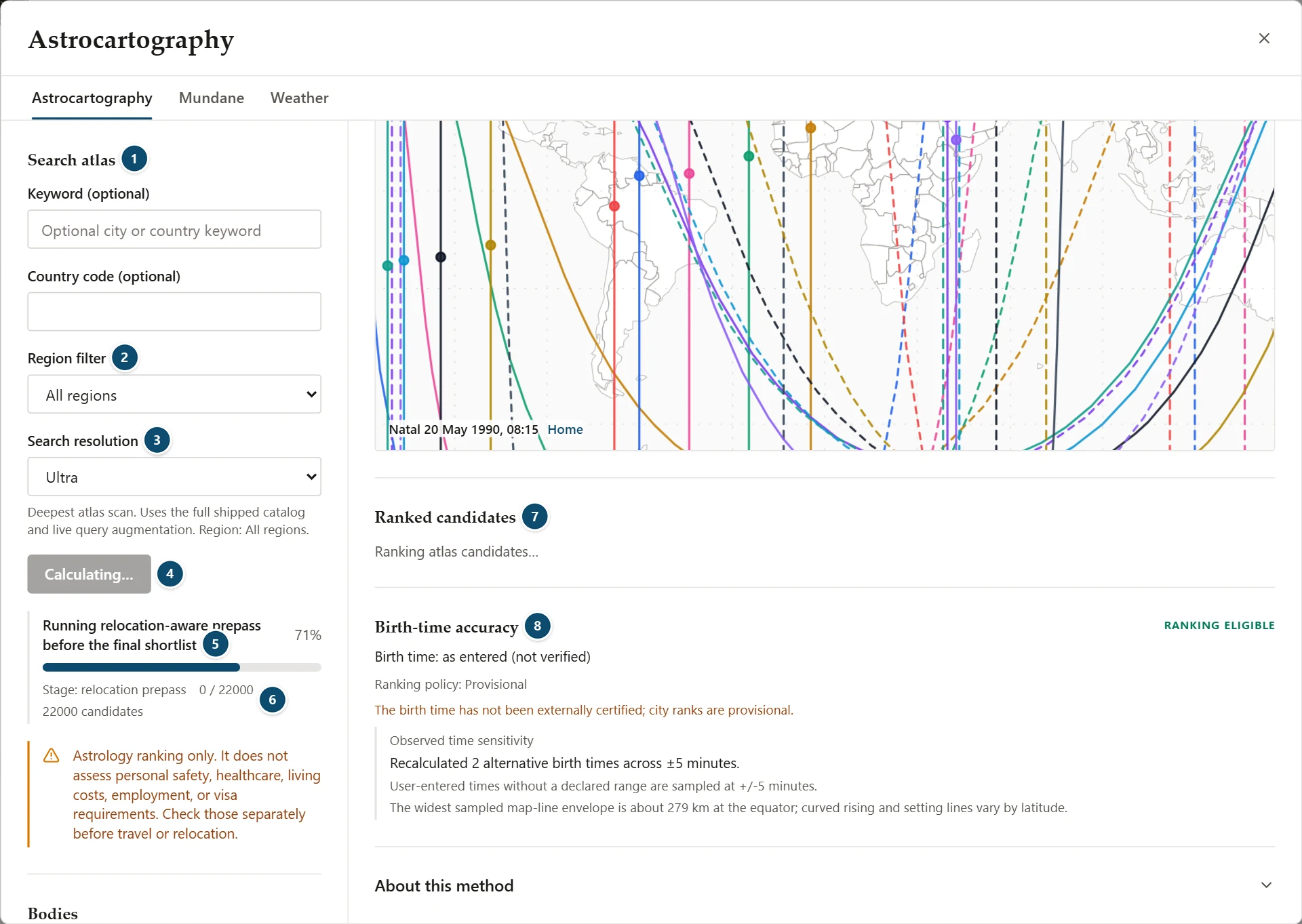 Annotated atlas search in progress: region, resolution, the Calculating button, progress and stage, and the waiting results