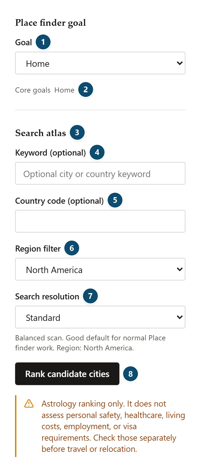 Annotated Place finder search setup: goal, keyword, country code, region filter, search resolution and Rank candidate cities