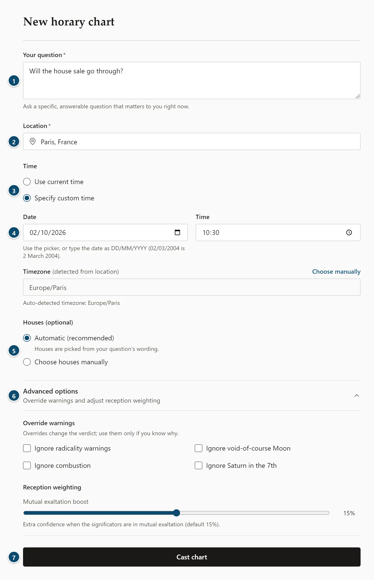 Annotated New horary chart form with the question, location, time, timezone, houses, advanced options and the Cast chart button