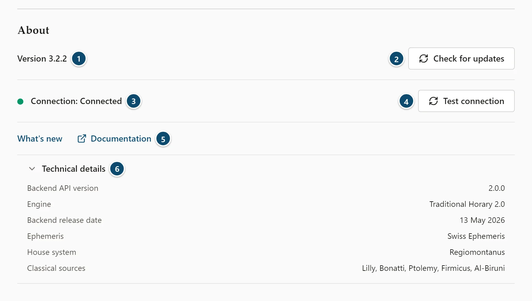 Annotated About section with the version, update check, connection status, links and technical details