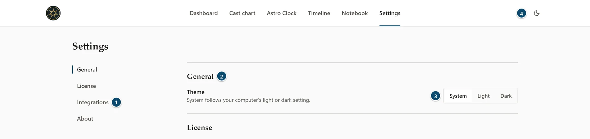 Annotated Settings screen with the section list and the General section's theme choice