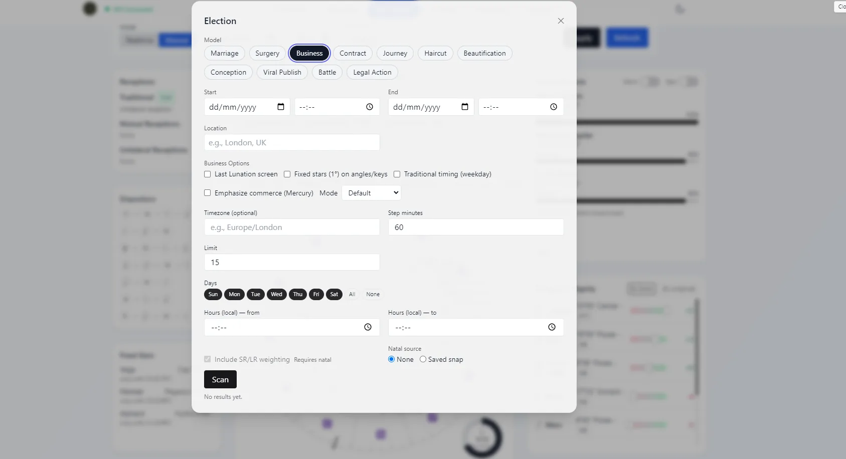 Business launch astrology settings showing lunation screening, fixed stars, weekday timing, commerce emphasis, step minutes, weekdays, local hours, and natal source options