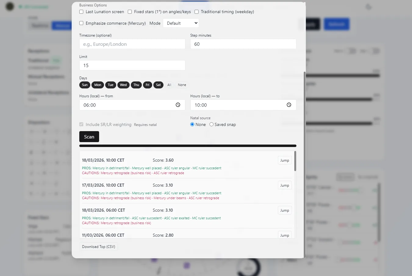Ranked auspicious dates with scores, pros, cautions, jump action, and CSV export inside the Vox Stella Election feature