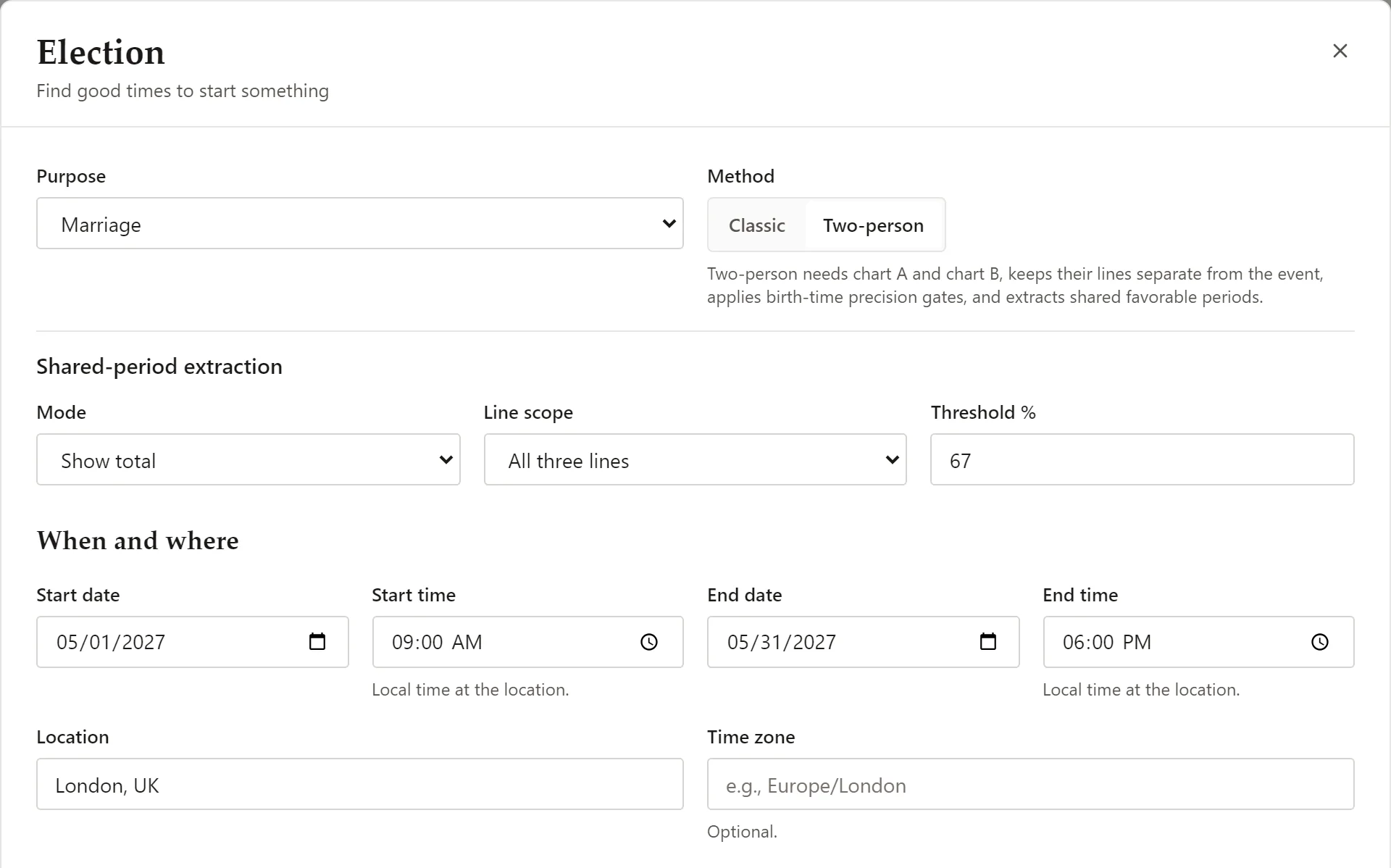 The Election window in Vox Stella set up for a two-person marriage election: purpose, method, shared-period extraction, and the dates and location to scan