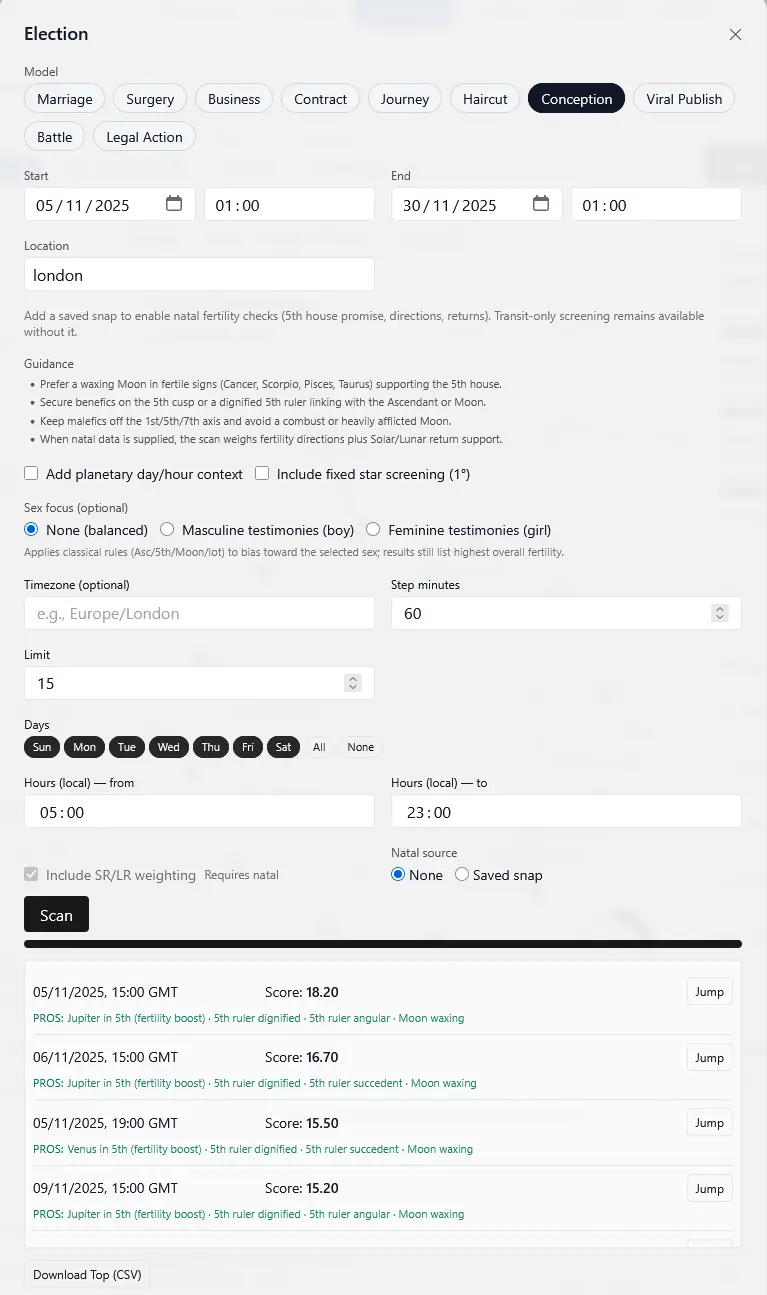 Vox Stella Conception Election interface showcasing fertility scores and Moon phase overlays